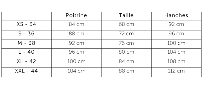 Tableau des tailles ONE collection